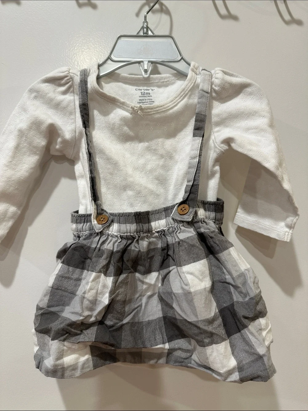 Carter's White Top with Gray Plaid Suspender Skirt